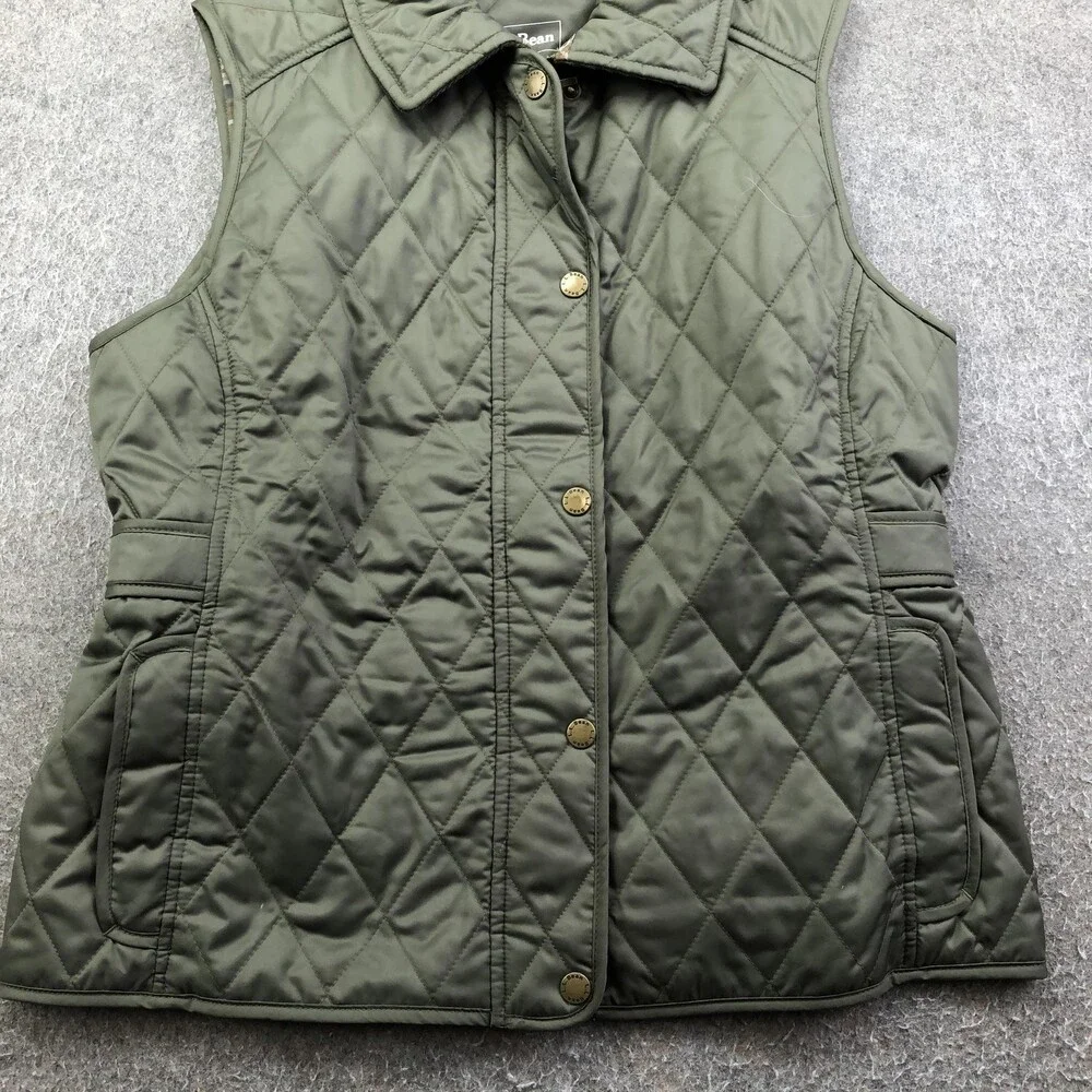 L.L. Bean Vest Womens Small Petite Green Quilted Snap Front Collared Lined Warm - Picture 2 of 9
